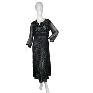 Meena Mahal Poetic Threads Santa Fe Black Lace Chiffon Sheer Maxi Dress Sz Small